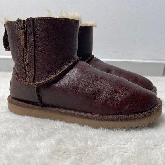 UGG #1008580 Women's Brown Classic Mini Double Zip Leather Boot Shoes Size 9 US - Picture 3 of 15